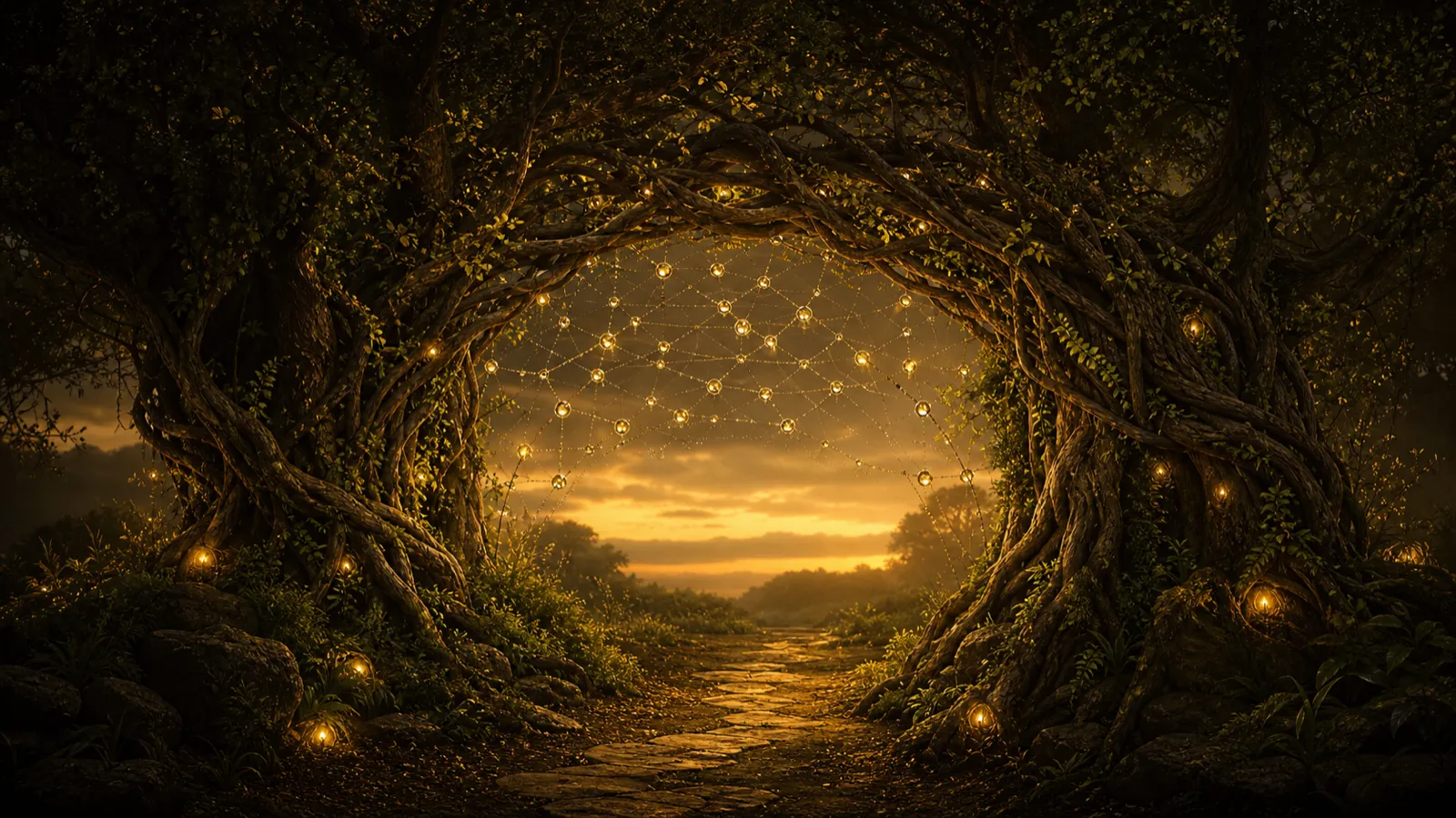 Two ancient trees woven into a living arch over a dusk footpath, with warm dewdrop jewels strung through the branches