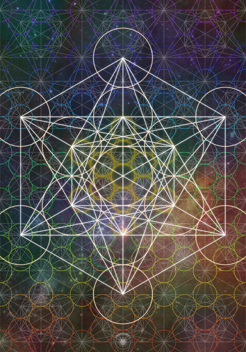 Cosmic print — Metatron's Cube over a deep-space starfield