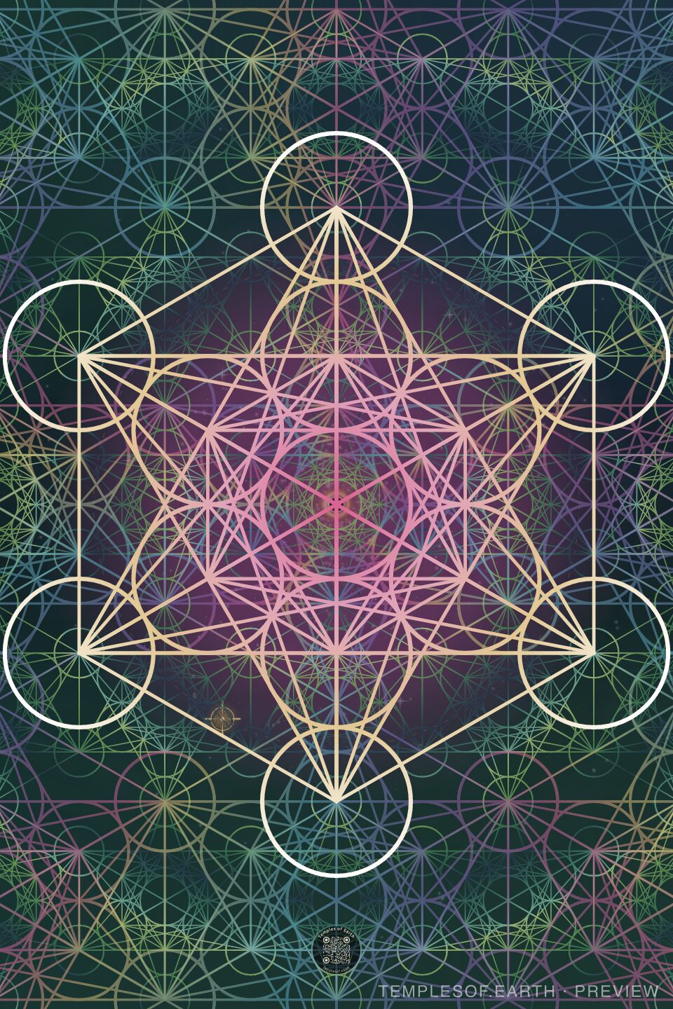Chacruna ceremony mat design: Cream and rose lines over a deep forest green, like leaf-light at dusk